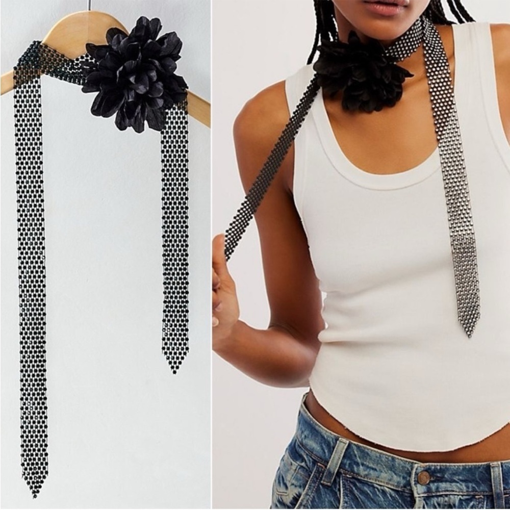Free People Royce Flower Choker Black White NWT